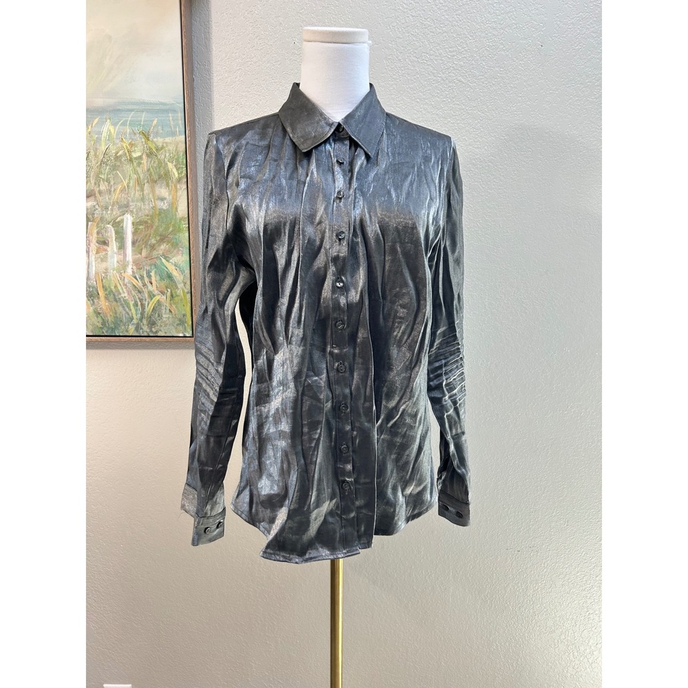 Bentley Metallic Silver Button Up Blouse Y2K Futuristic Disco Shirt L - Picture 4 of 7